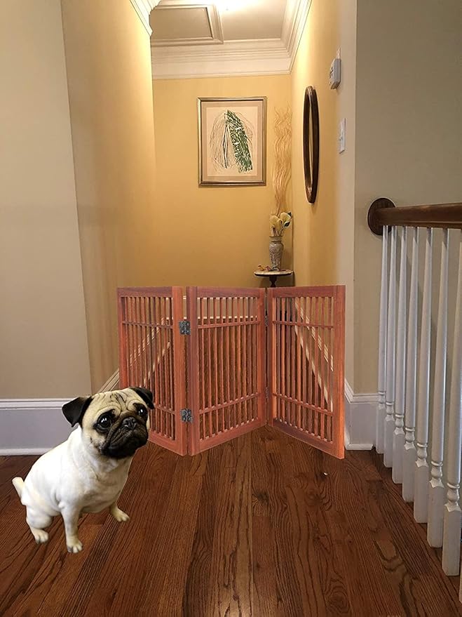 Urnporium Freestanding Wooden Dog Gate Foldable Indoor Pet Gate No Drill Expandable Barrier for Doorways Stairs Hallways Portable Wood Fence for Small Dogs & Puppies (Brown Pet Gate, 3 Panel 24" Tall)