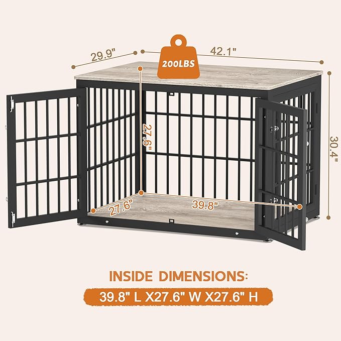 rehomerance 42 Inch Heavy Duty Dog Crate Furniture for Large and Medium Dogs, Decorative Pet House End Table, Wooden Cage Kennel Furniture Indoor, Grey