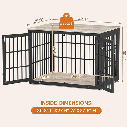 rehomerance 42 Inch Heavy Duty Dog Crate Furniture for Large and Medium Dogs, Decorative Pet House End Table, Wooden Cage Kennel Furniture Indoor, Grey