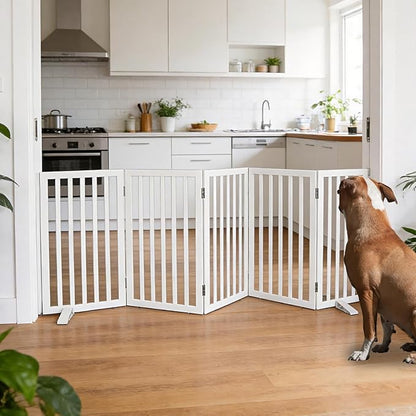 ZJSF Freestanding Indoor Dog Gate for House Foldable Wood White Puppy Gate for Doorways Pet Gate for Stairs Extra Wide Pet Fence 32" Height 6 Panels