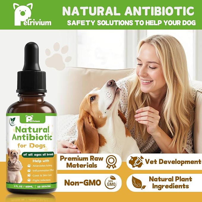 Dogs Antibiotics for Infection Coughs, UTIs, Allergies, Itching - Natural Antibiotics Supplement Drops for Cats to Support Digestion and Urination | Skin & Coat | All Breeds & Ages | 2 Oz
