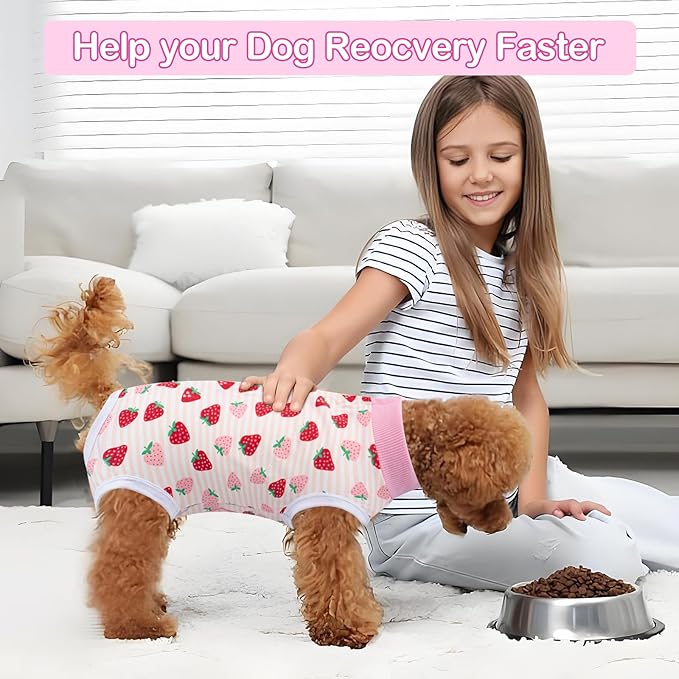 Coppthinktu Recovery Suit for Dogs After Surgery, Dog Onesie Surgery Recovery Suit for Female Spay, Soft Surgical Pajamas Bodysuits for Puppy to Prevent Licking Dog Cone Alternative Strawber L