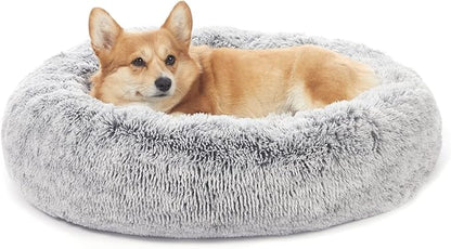 Bedfolks Calming Donut Dog Bed, 30 Inches Round Fluffy Dog Beds for Medium Dogs, Anti-Anxiety Plush Dog Bed, Machine Washable Pet Bed (Dark Grey, Medium)