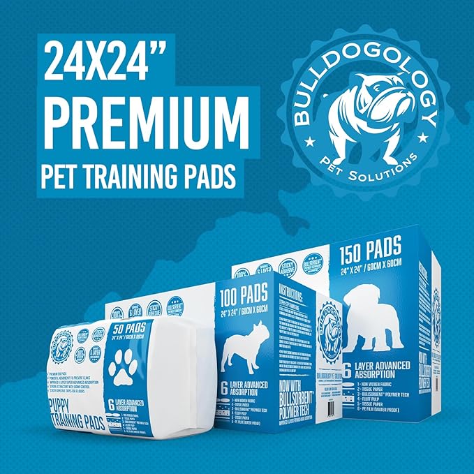 Bulldogology Puppy Training Pads - Pee Pads with Adhesive Sticky Tape (24x24) Large Dog Training Wee Pads with 6 Layer Extra Quick Dry Bullsorbent Polymer Tech (100-Count, White)