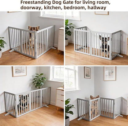 ZJSF Freestanding Indoor Dog Gate for House Foldable Wood Puppy Gate for Doorways Pet Gate for Stairs Extra Wide Pet Fence, Grey, 32" Height 4 Panels