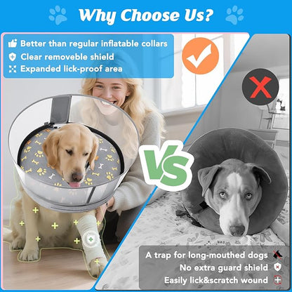 Inflatable Dog Cone with Anti-Licking Clear Shield, Protective Dog Donut Collar After Surgery, Adjustable Soft Recovery Cone for Pets, Alternative Collar with Buckle Strap (Grey, M+)