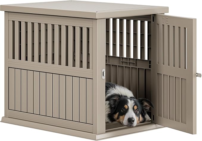 YITAHOME Plastic Dog Crate, Furniture-Style Nightstand & Side Table, Waterproof Indoor Kennel for Small to Medium Dogs, Brown