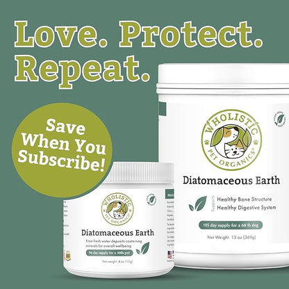 Wholistic Pet Organics Diatomaceous Earth - Food Grade for Dogs & Cats - 4 Oz - Multi Use Powder - Pet Safe Non-Chemical Freshwater Sourced Silica Supports Overall Health - Made in USA - 32 Scoops