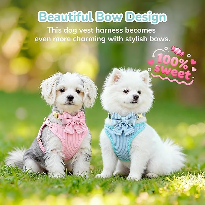 Small Dog Collar Harness and Leash Set, Dog Harness no Pull with Bowtie, Breathable Cotton Adjustable Pet Puppy Harness, Easy Walk Dog Harness, S(14–18.9")