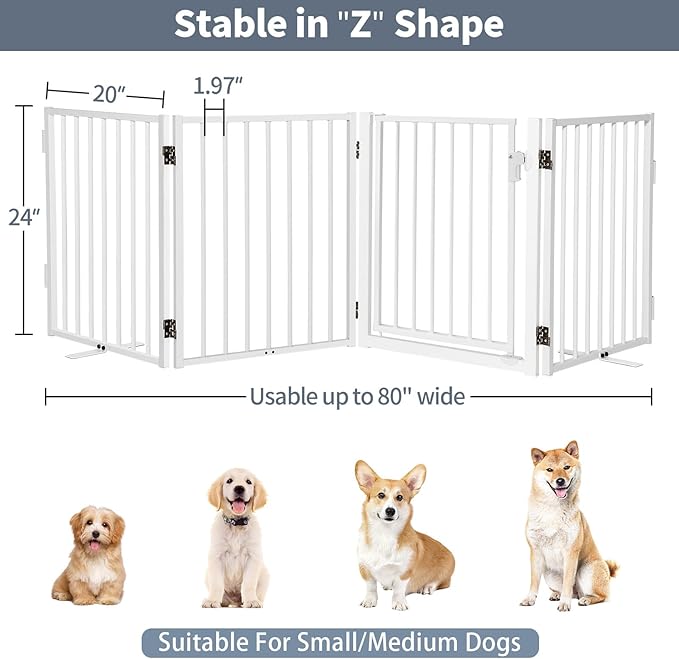 Metal Freestanding Dog Gates with Door for Outdoor Indoor,80'' Extra Wide 24'' Tall Free Standing Dog Gate for Doorways,Large Openings,Deck,Yard,Porch,Foldable Safety Pet Fence(White,4 Panels)