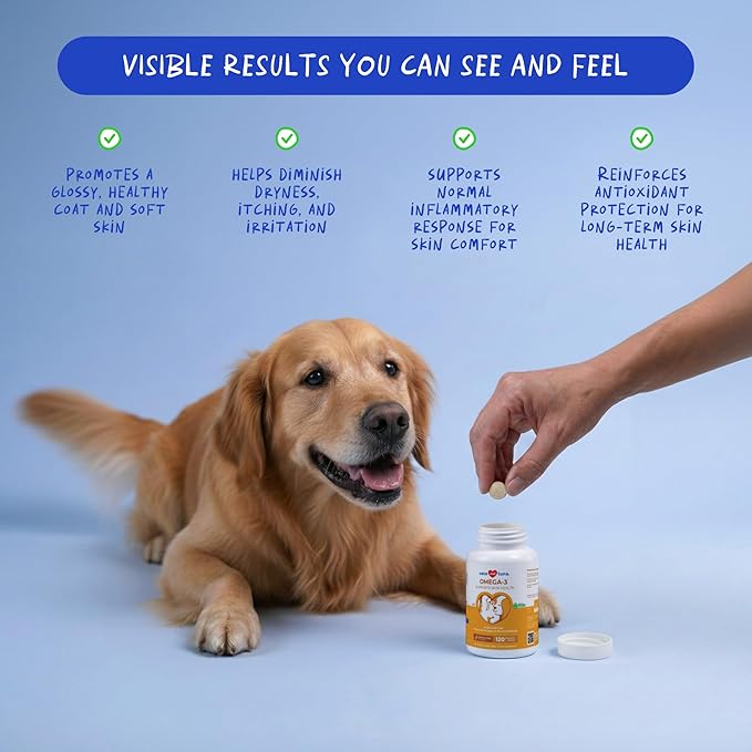 Omega 3 Fish Oil for Dogs - 120 Chewable Tablets - with Omega 3, 6, and 9, Vitamin E for Dog Shedding, Itchy, Dry Skin, Joint & Heart Support (Chewable Tablets)