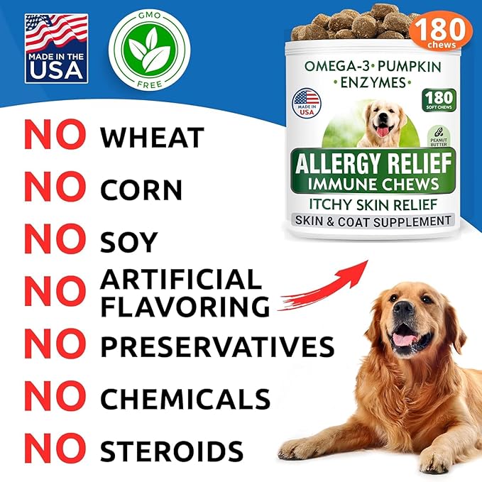 BARK&SPARK Dog Allergy Relief Soft Chews for Skin Health & Seasonal Allergies - Anti-Itch Supplement w/Omega-3, Quercetin & Bromelain Immune Treats for Dry Skin & Hot Spots - Peanut Butter - 180ct