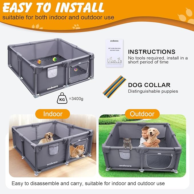 Whelping Box for Dogs and Puppies, 48×48×18 in Whelping Supplies with Waterproof Whelping Pad for Medium Small Dogs
