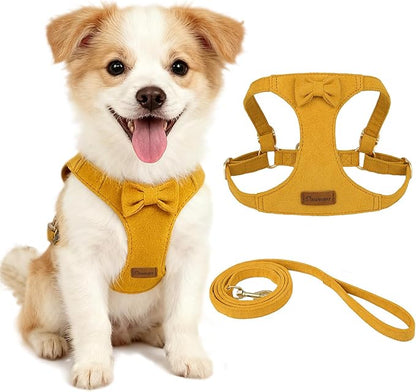 Cute Small Dog Harness and Leash Puppy Set with Bowtie,Step in Dog Harnesses,Soft Adjustable Cat & Dog Vest,Harness for Small Cats & Dogs Walks and Parties(Yellow,S:Weight 8.8-17.6lb)