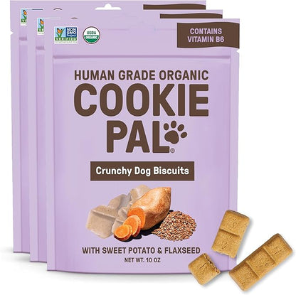 CookiePal Sweet Potato Dog Treats with Flaxseed, Crunchy Human Grade USDA Organic Puppy Treats for Training, Biscuits, 10oz (Pk of 3)