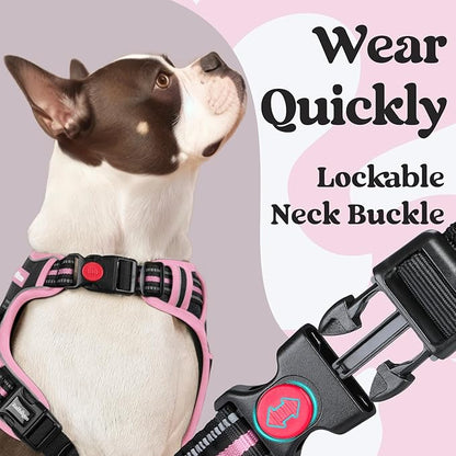 rabbitgoo Dog Harness for Large, No Pull Pet Harness with 3 Buckles, Adjustable Soft Padded Vest with Control Handle, Walking Reflective Pet Vest for Large Dogs, Black & Pink, L