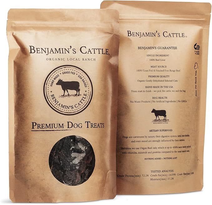 Benjamin's Cattle Single Ingredient - Organic Grass FED & Finished Beef Liver Dog Treats - Hand Made Dog Treats - Healty Dog Chews - Treats for Dogs Made in USA -5oz