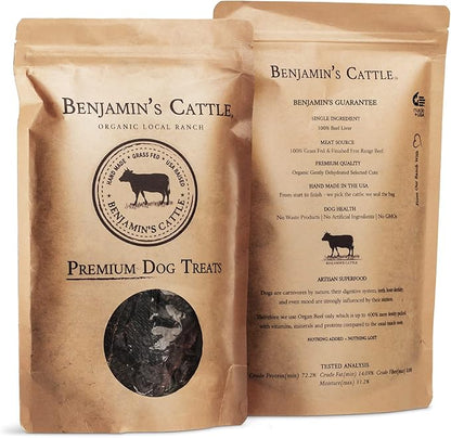Benjamin's Cattle Single Ingredient - Organic Grass FED & Finished Beef Liver Dog Treats - Hand Made Dog Treats - Healty Dog Chews - Treats for Dogs Made in USA -5oz