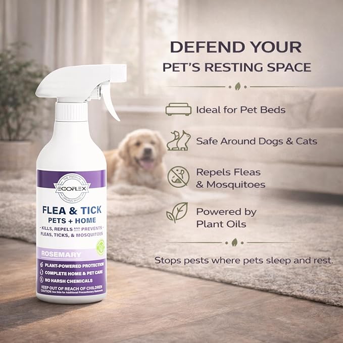 Flea Spray for Home & Pets - Flea and Tick Prevention for Dogs - Plant Based Repellent with Natural Essential Oils for Dog Flea Treatment Protection - Rosemary Scent - 16 Fl Oz