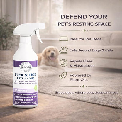 Flea Spray for Home & Pets - Flea and Tick Prevention for Dogs - Plant Based Repellent with Natural Essential Oils for Dog Flea Treatment Protection - Rosemary Scent - 16 Fl Oz