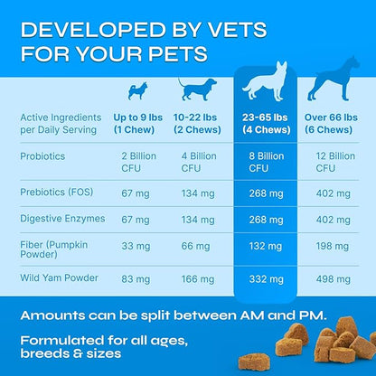 Dog Probiotics - 260 Billion CFU per Pack with Prebiotics, Digestive Enzymes, Pumpkin - Probiotics for Dogs for Digestive Health, Gut Support, Yeast Balance, Allergies Support, Itchy Skin - 130 Chews