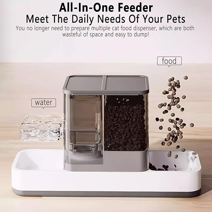 kathson Gravity Cat Food and Water Dispenser Automatic Dog Feeder Waterer 2 in 1 Auto Pet Food and Water Bowl Set Self Feeding for Puppy Kitten，Grey