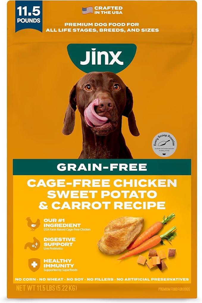 Jinx Premium Grain-Free Dry Dog Food, for All Lifestages - Real Chicken, Sweet Potato & Carrot Kibble with Superfoods for Immune Support & Probiotics for Digestive Support - No Fillers - 11.5lb
