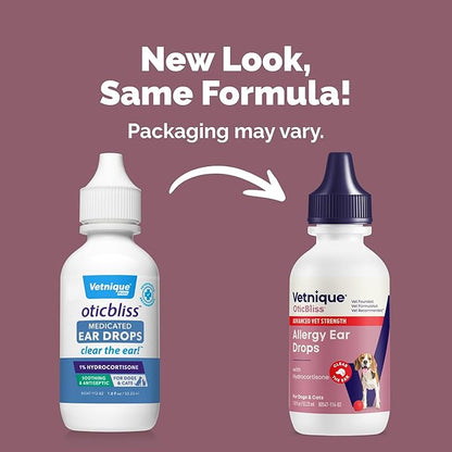 Vetnique Oticbliss Cat & Dog Ear Infection Treatment | Dog Ear Allergy Relief Drops, MicroSilver Yeast Infection Treatment for Dogs, Hydrocortisone for Itching, Redness Swelling (Ear Allergy Drops)