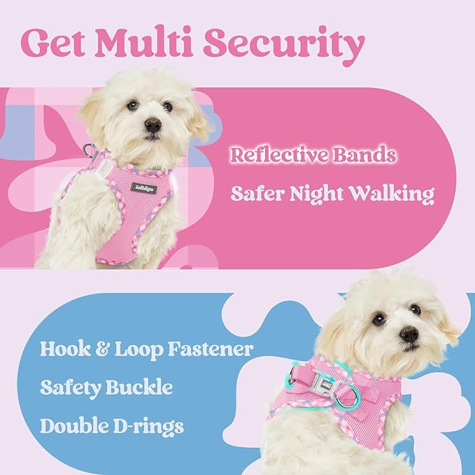 rabbitgoo Small Dog Harness, Step-in Soft Mesh Puppy Vest with Safety Buckle, Breathable Reflective Pet Harness for Extra Small Dogs, Pink & Plaid Trim XXS