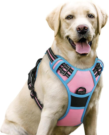 rabbitgoo Dog Harness No Pull with 2 Leash Clips, Adjustable Soft Padded, Reflective Oxford No Choke Pet Vest with Easy Control Handle for Large Dogs, Pink & Blue, L