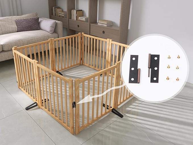 YOCAN Paint-Free Wooden Freestanding Dog Gate, Pet Gate for Indoor Use, Dog Fence for Doorways, Stairs & House, Step-Over Design, Easy to Install-8 Panel 23"