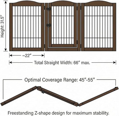 unipaws 31.5 Inch Height Pet Gate with Wood and Wire, 66 Inch Wide Freestanding Walk Through Dog Gate, Foldable Stairs Barrier for Dogs Cats