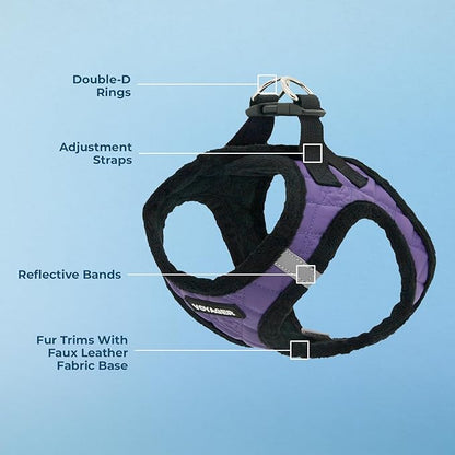 Best Pet Supplies - All Weather Plush, Reflective, No Pull Harness for Small, Medium Dogs, Cats - Secure with Hook & Loop Fastener, Buckle, Double D-Rings - Purple Faux Leather, L