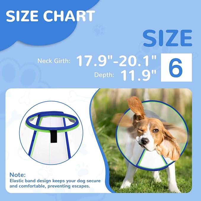 Soft Dog Cone Collar for Dogs After Surgery, Transparent Cone for Dogs to Stop Licking, Breathable Dog Neck Cone for Small Medium Large Dog, Adjustable Elizabethan Pet Recovery Collar (Blue, Size 6)