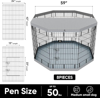 PJYuCien Dog Playpen with Top Cover and Bottom Pad - Metal Foldable Exercise Pen, 8 Panels 42" H x 24" W Indoor Outdoor Pet Fence Puppy Crate Kennel, Gray