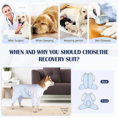 Dog Recovery Suit, Abdominal Wound After Surgery Wear, Anti Licking Bodysuit with Snaps, E-Collar & Cone Alternatives, Long Sleeve Dog Spay Surgical Onesie Prevent Shedding(Large, Blue)