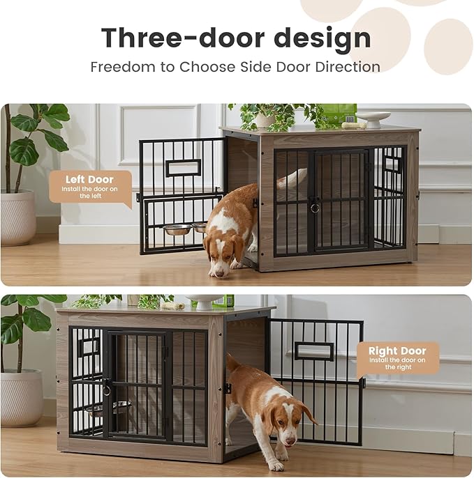 32 Inch Heavy Duty Dog Crate Furniture for Medium/Small Dogs, Decorative Pet House End Table with 3 Doors & Adjustable Bowls, Wooden Cage Kennel Furniture Indoor, Rustic Grey
