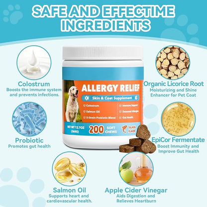 Dog Allergy Chews 200ct, Dogs Allergy Relief Chews for Paw Licking Itchy Skin Coat Supplement, Dog Itching Relief with Probiotics Colostrum for Dry Skin Itching Licking Seasonal Allergies