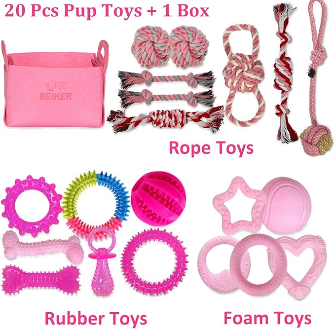 Beiker 20 Pack Pink Puppy Chew Toys - Dog Teething Toys for Puppies, Puppy Toys Toothbrush with Ropes, Soft Dogs Toy Bundle for Small Dogs, Cute Interactive Dog Balls for Chewers