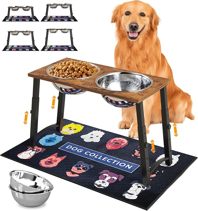 Elevated Dog Bowls for Large Extra Large Dogs with Mat, 4 Height Adjustable, 2 Stainless Steel Dog Bowls 3000ml,101oz