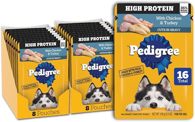 Pedigree High Protein Dog Food, Adult Wet Dog Food Pouches, Chicken & Turkey, 3.5 oz. Pouches, 16 Count
