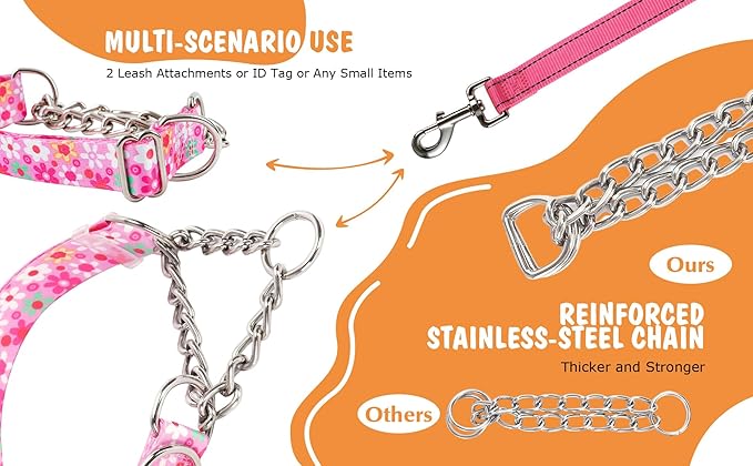 Martingale Dog Collar with Steel Chain- No Pull Escape-Proof Training Choker for Medium, Large & XL Dogs | Heavy Duty Anti-Slip Cinch Collar for Large Breed Pets, Pink (Size XL)
