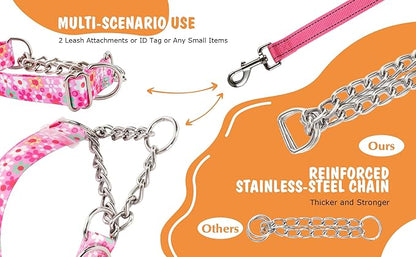 Martingale Dog Collar with Steel Chain- No Pull Escape-Proof Training Choker for Medium, Large & XL Dogs | Heavy Duty Anti-Slip Cinch Collar for Large Breed Pets, Pink (Size XL)