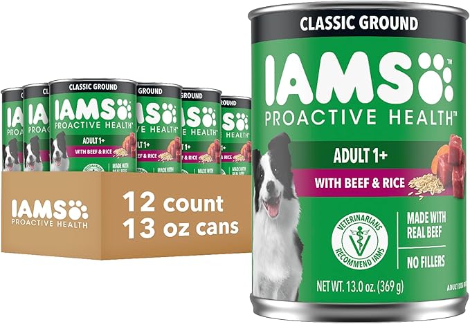 IAMS Proactive Health Wet Dog Food, Adult Wet Dog Food Multipack Ground Dinner, Beef & Rice, 13 oz. Cans (Pack of 12)