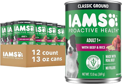 IAMS Proactive Health Wet Dog Food, Adult Wet Dog Food Multipack Ground Dinner, Beef & Rice, 13 oz. Cans (Pack of 12)