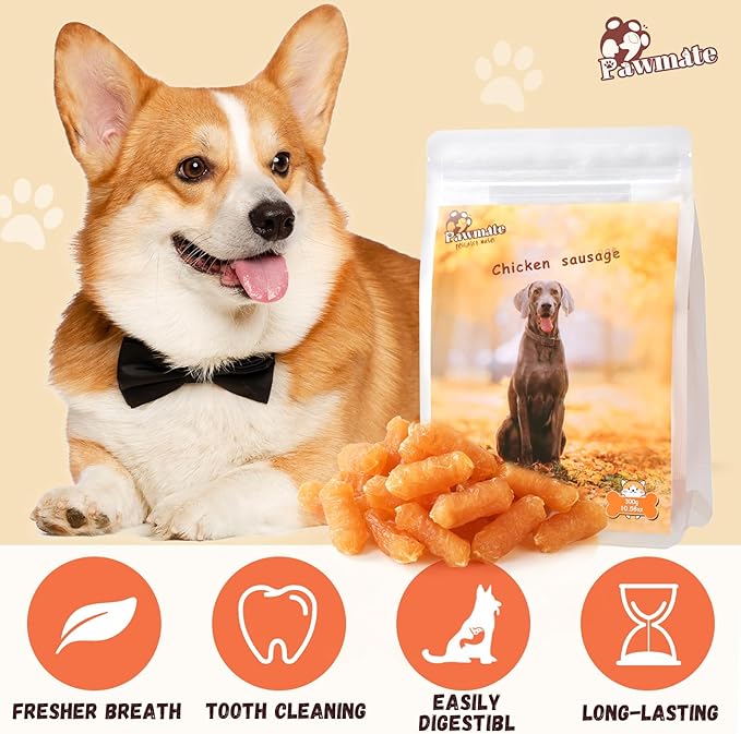 Pawmate Dog Treats Chicken Sausages, Natural Chicken Jerky Training Treats with Glucosamine, Chondroitin, MSM and Taurine, Low Fat Soft Chewy Snacks for Small Medium Dogs, 10.6 oz
