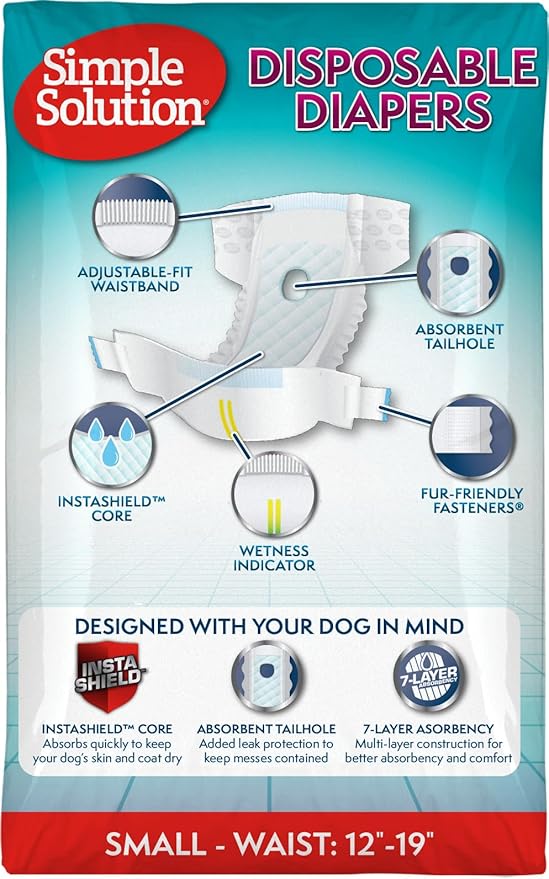 Simple Solution Disposable Female Dog Diapers, Absorbent Leak Proof Protection for Incontinence, Puppy Training, Heat Cycle, Travel, and Housebreaking, Small Dogs, 15–19 Inch Waist, 12 Count