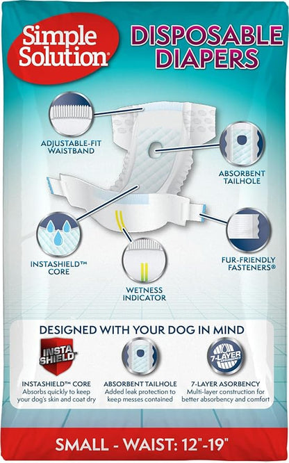 Simple Solution Disposable Female Dog Diapers, Absorbent Leak Proof Protection for Incontinence, Puppy Training, Heat Cycle, Travel, and Housebreaking, Small Dogs, 15–19 Inch Waist, 12 Count