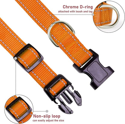 Reflective Dog Collar with Buckle Adjustable Safety Nylon Collars for Small Medium Large Dogs, Orange S