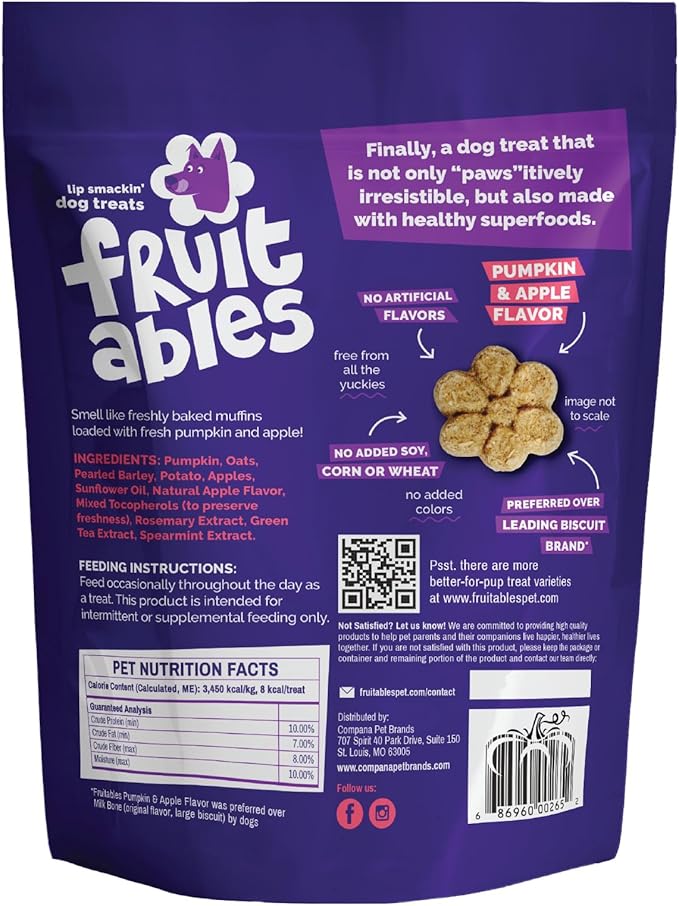 Fruitables Baked Dog Treats, Healthy Pumpkin Treat for Dogs, Low Calorie & Delicious, Pet Essential, Made with No Wheat, Corn & Soy, Made in the USA, Allergy Friendly, Pumpkin and Apple Flavor, 20 oz